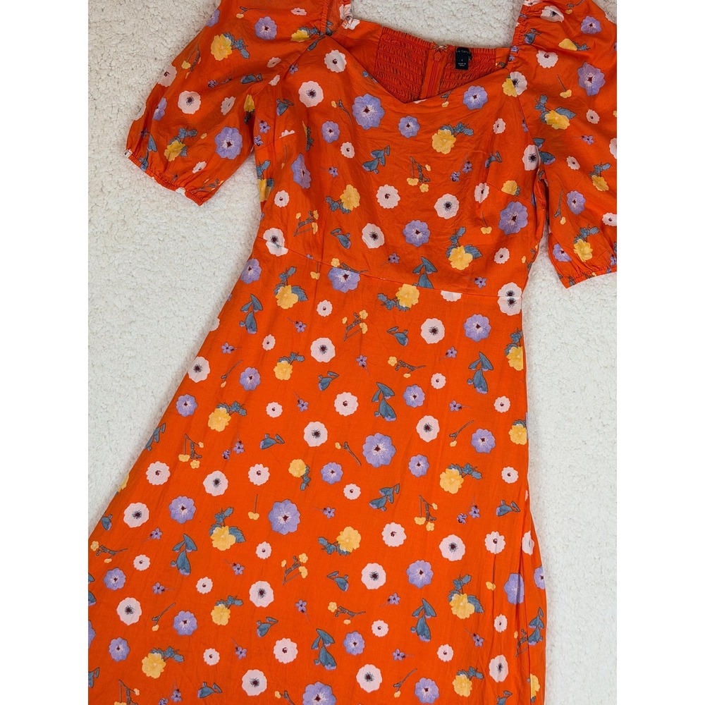 Ann Taylor Orange Floral Puff Sleeve Midi Dress Sweetheart Neck Smocked Back 4
